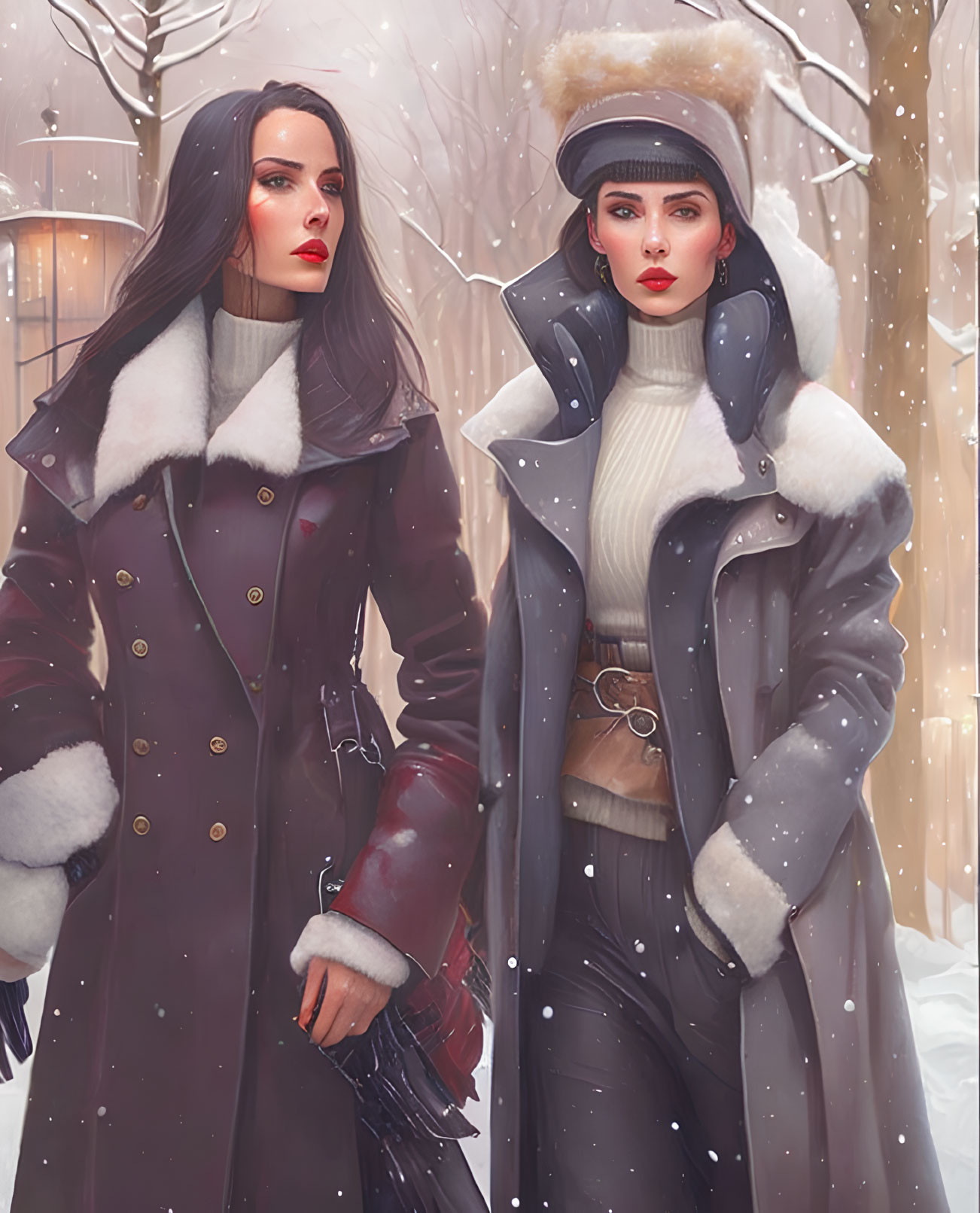 Two Women in Stylish Winter Attire Amidst Snowy Scene