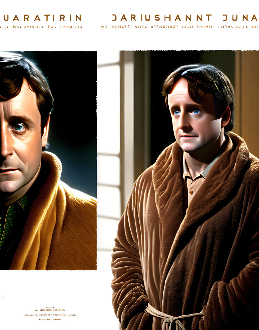 Comparison of real vs. animated character in brown coat, both looking concerned
