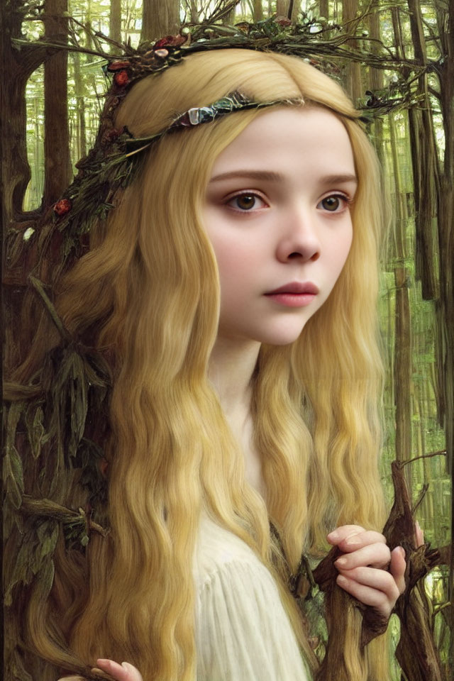 Young girl with long blonde hair in woodland crown in lush forest