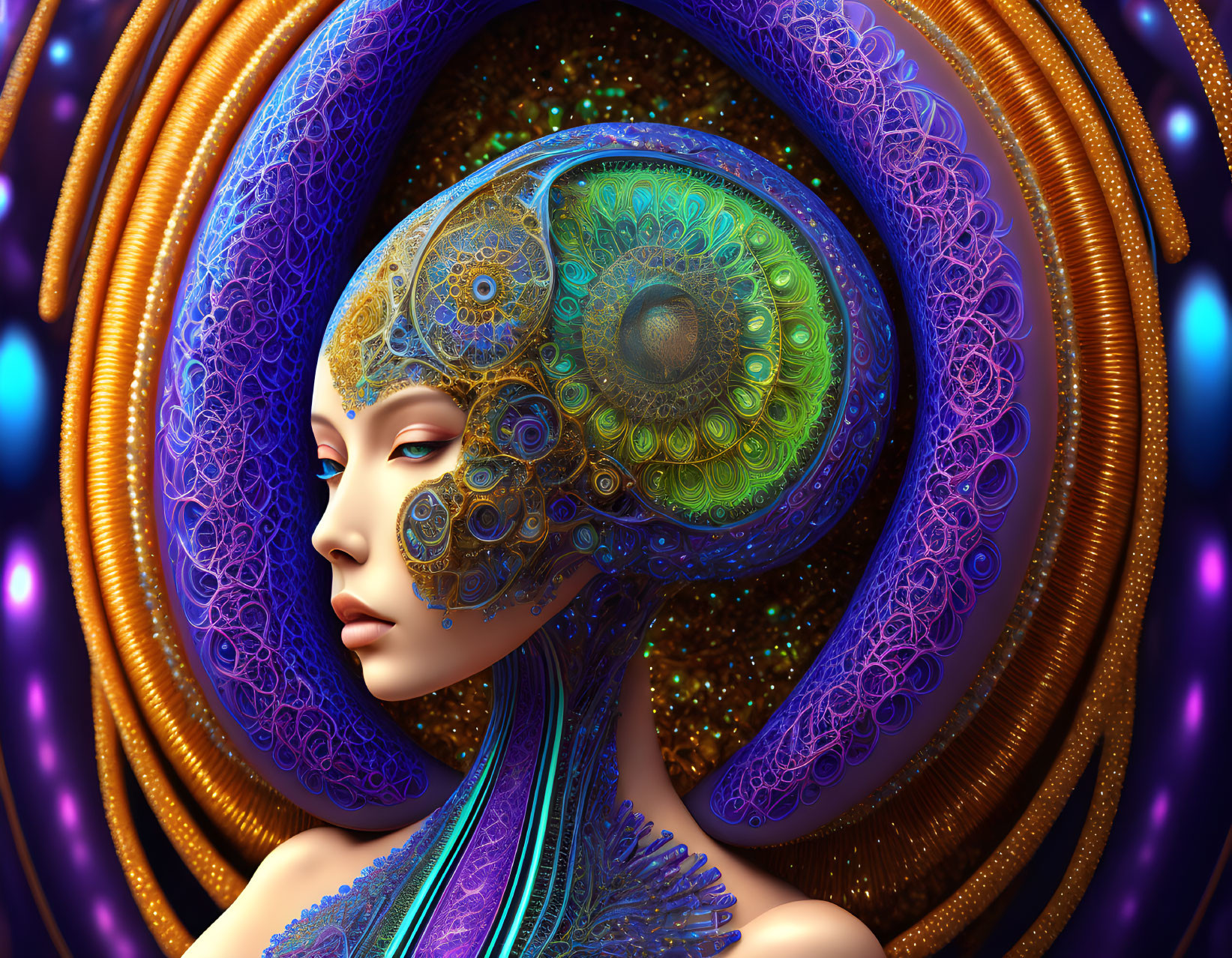 Vibrant digital artwork of a woman with ornate headdress