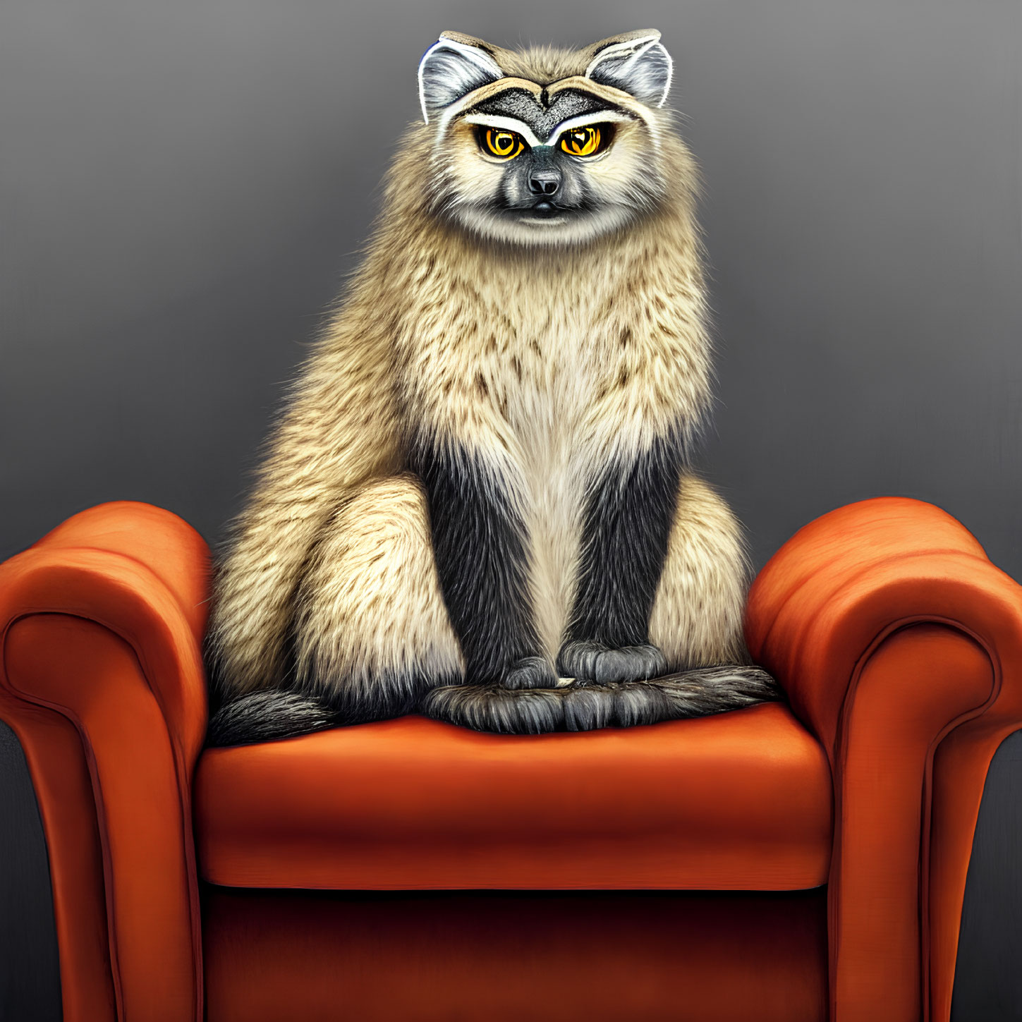 Regal lemur on red-orange armchair with yellow eyes