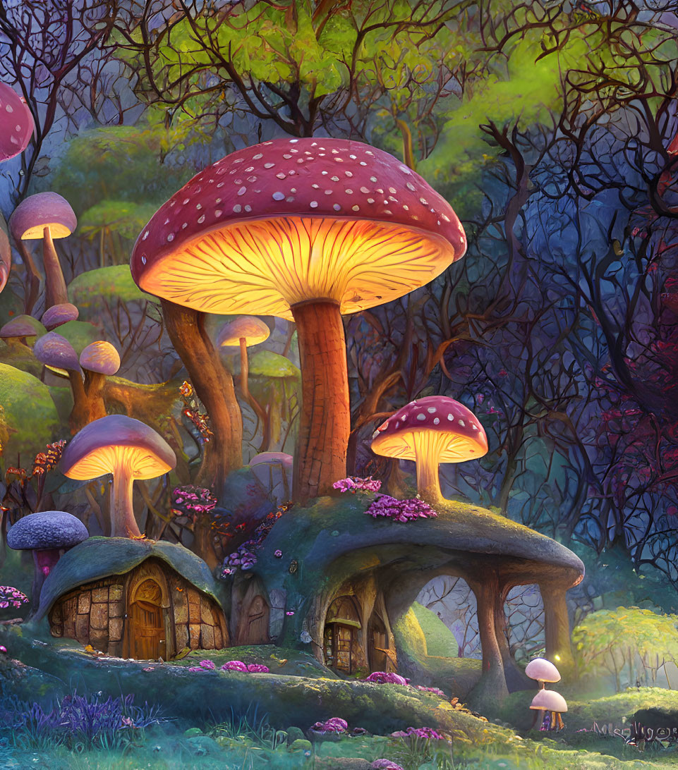 Enchanting forest scene with oversized glowing mushrooms and cozy mushroom house