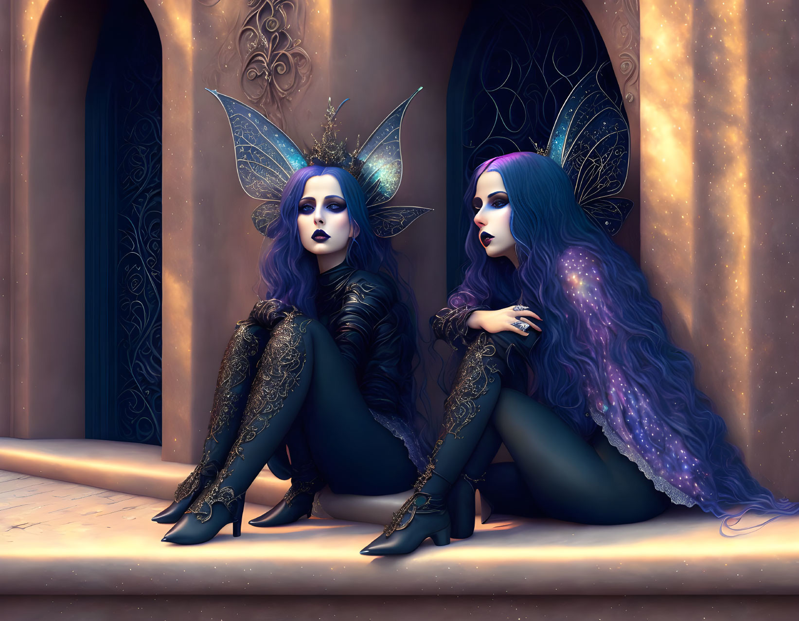 Fantasy characters with blue and purple hair in winged costumes by golden doorway