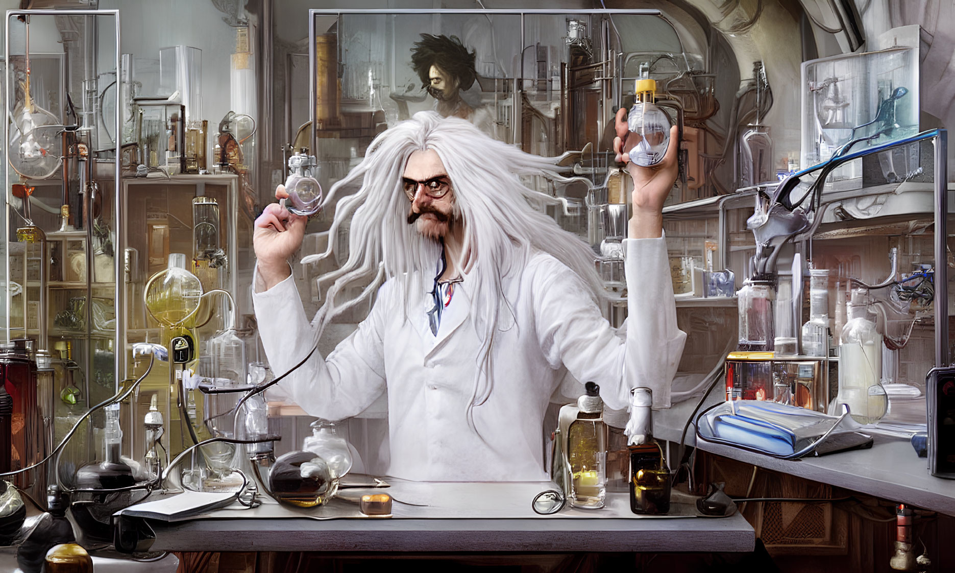 Scientist animated character in cluttered lab with flask and portrait
