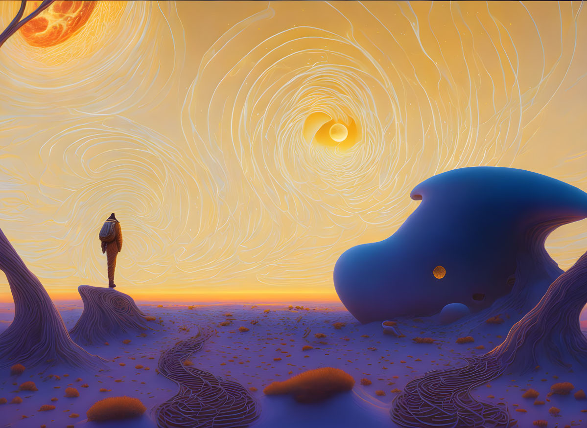 Person standing on surreal orange landscape with swirling skies and moon-like orb.