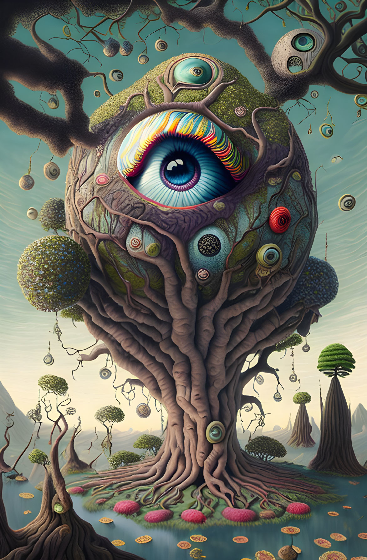Surreal Tree Artwork with Large Eye and Whimsical Landscape
