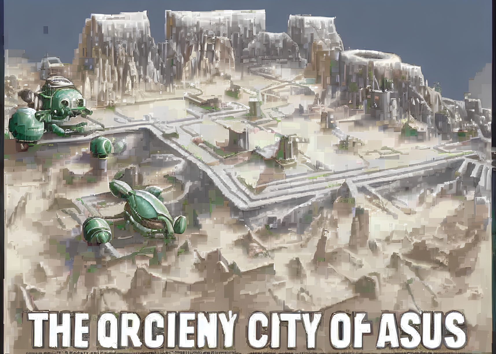 Fictional ancient city "ASUS" with turtle-like structures in desert