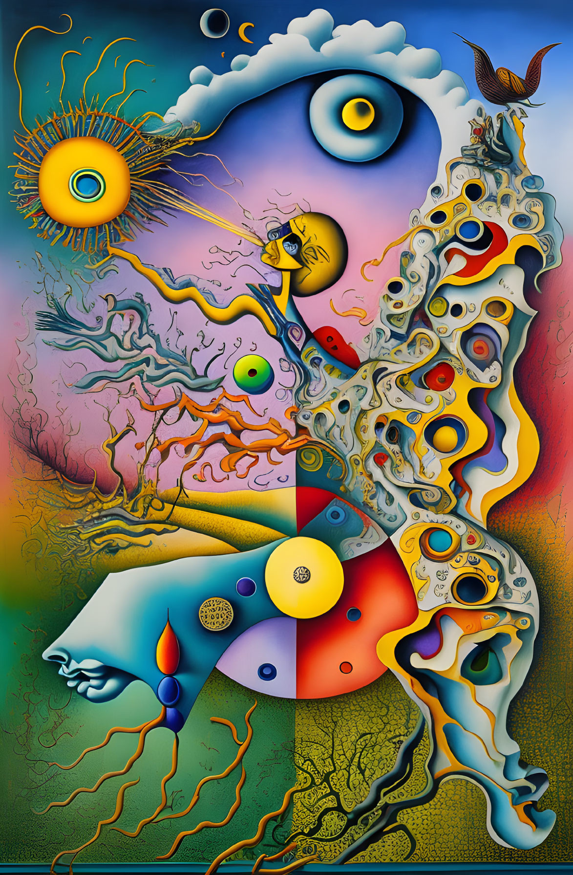 Vibrant surreal artwork: eye in sun, figure with horn, abstract forms, colorful background