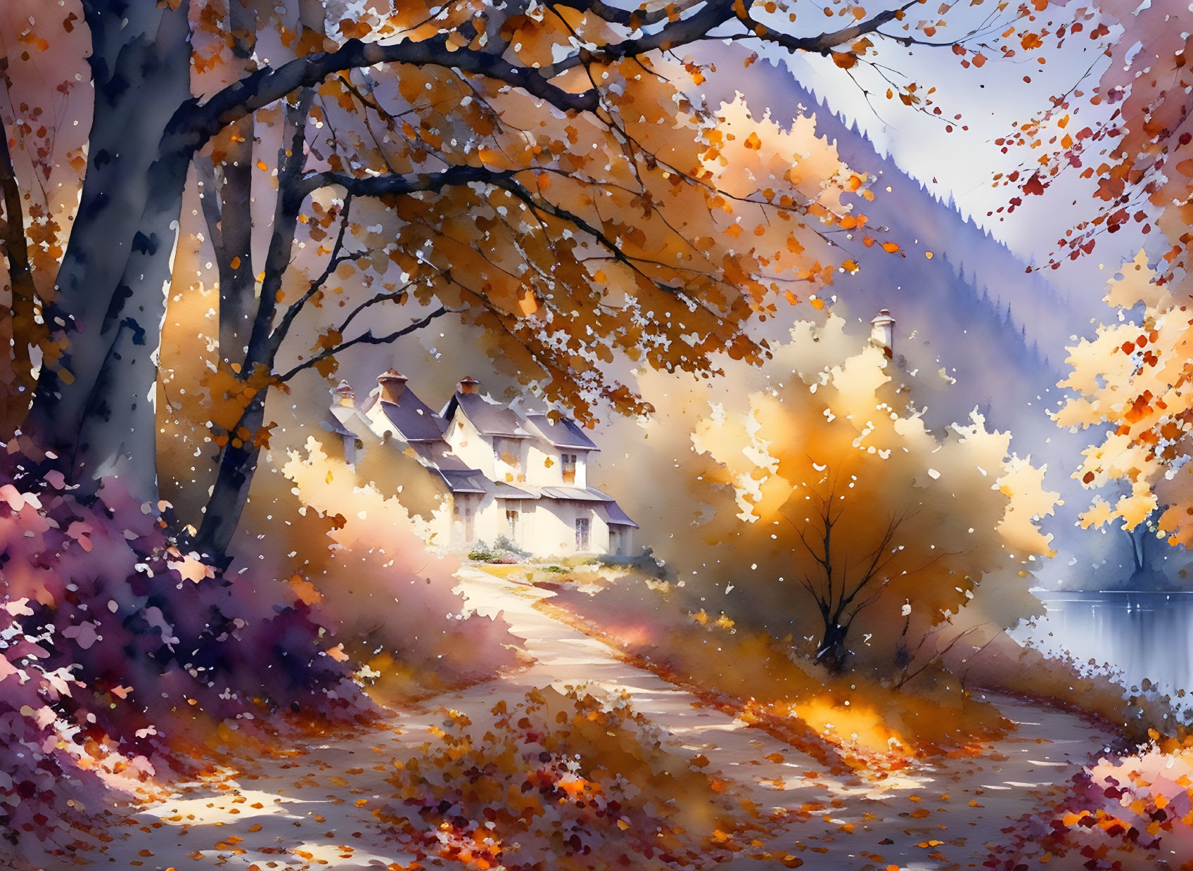 Tranquil autumn landscape with cozy house, vibrant foliage, lake, and mountains