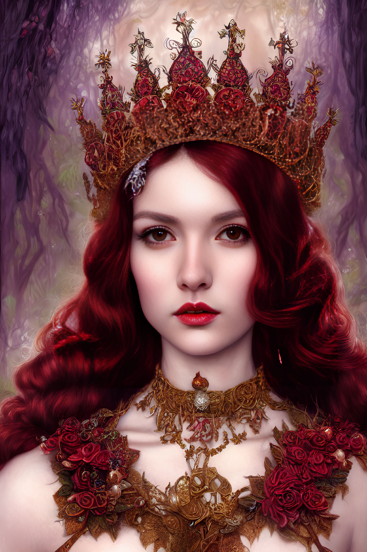 Digital portrait of woman with red hair, crown, rose necklace, and mystical forest backdrop