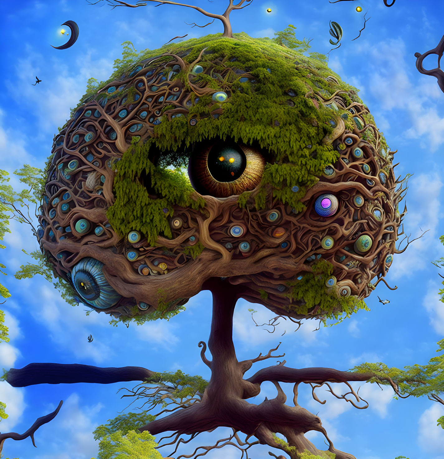 Whimsical tree with brain-shaped crown and multiple eyes against blue sky
