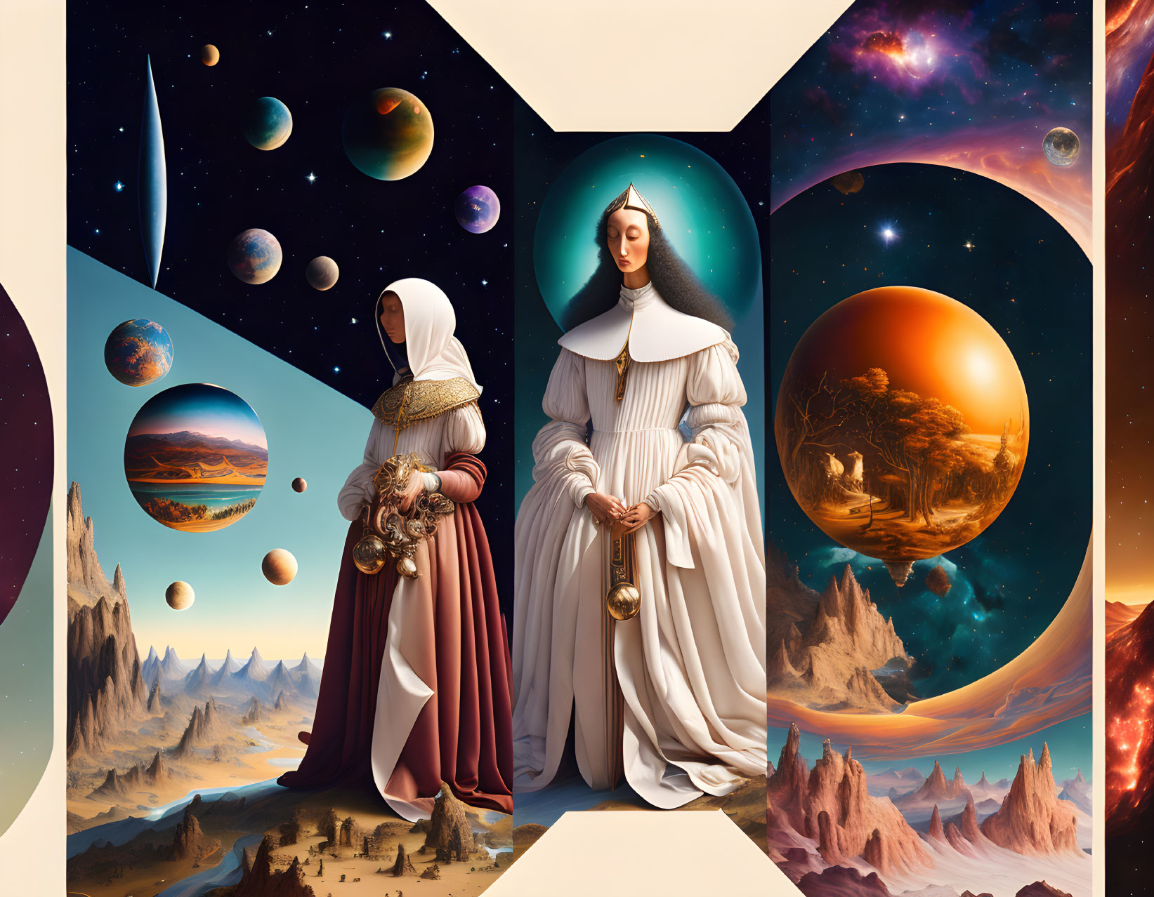 Medieval Women Triptych with Cosmic Backdrops and Planets