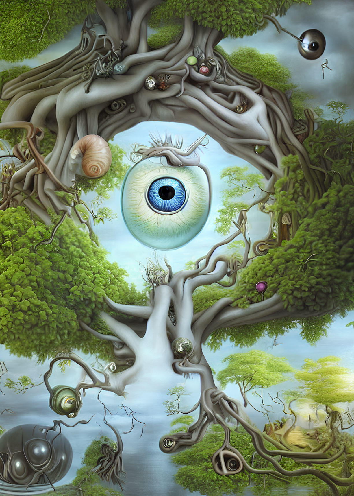 Surreal painting featuring tree with eye, snails, and floating orbs