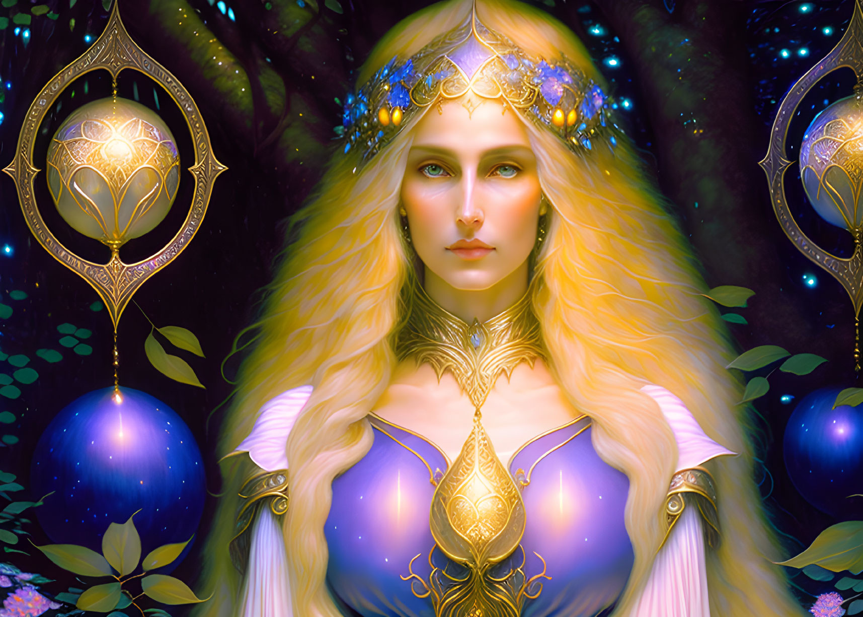 Blond-haired woman in jeweled crown in mystical woodland scenery