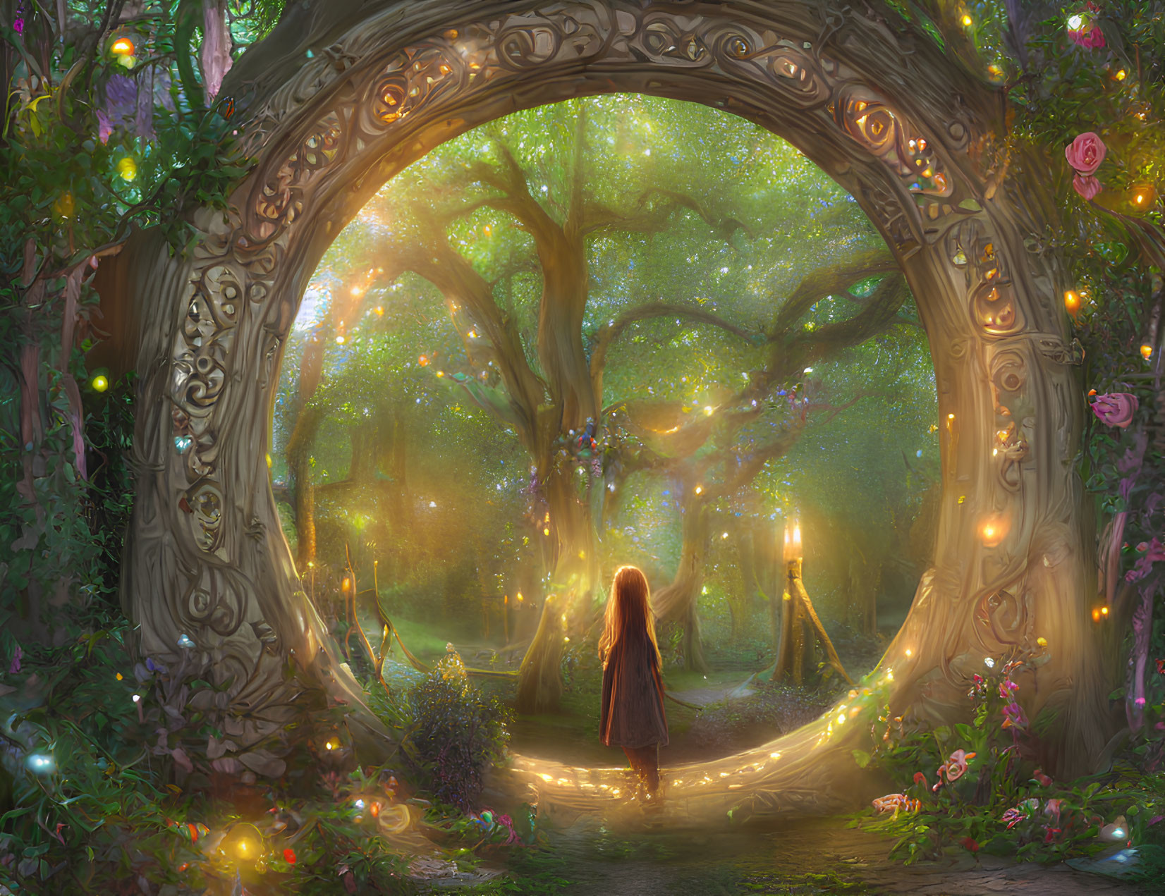 Enchanted forest gateway with ethereal light and fireflies