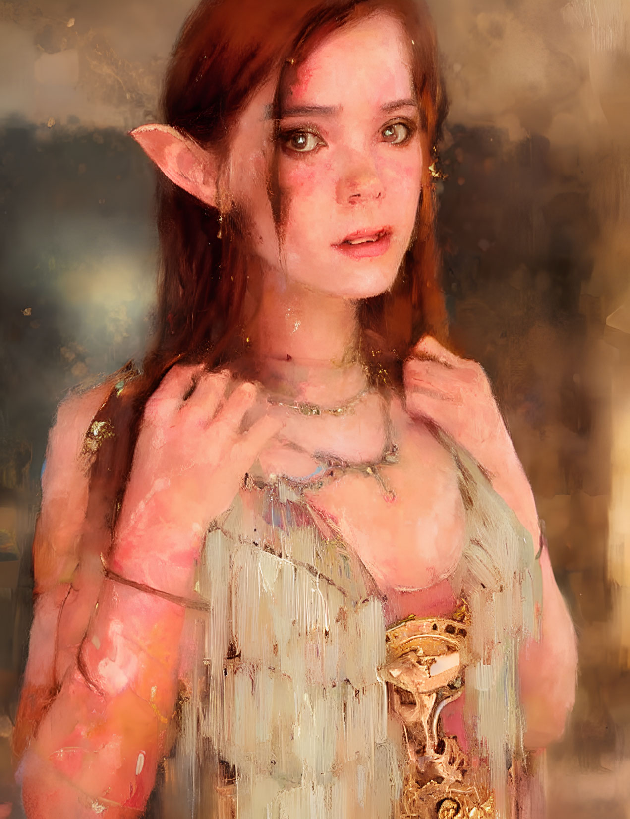 Character portrait: elf-eared, red-haired figure in fantasy attire with golden accents on warm-toned