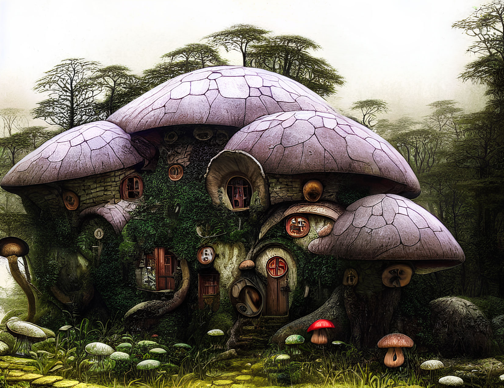 Illustration of Mushroom-Shaped House in Mystical Forest