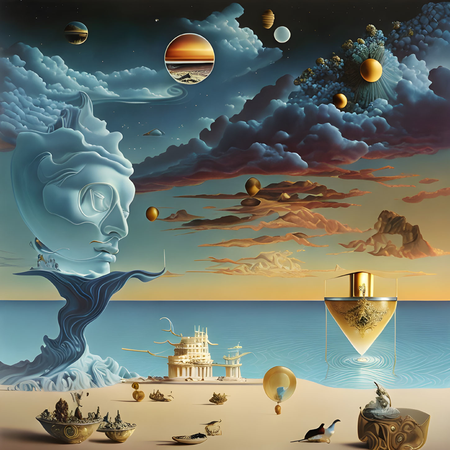 Surreal landscape featuring giant head formation, floating celestial bodies, golden pyramid, and architectural structures.