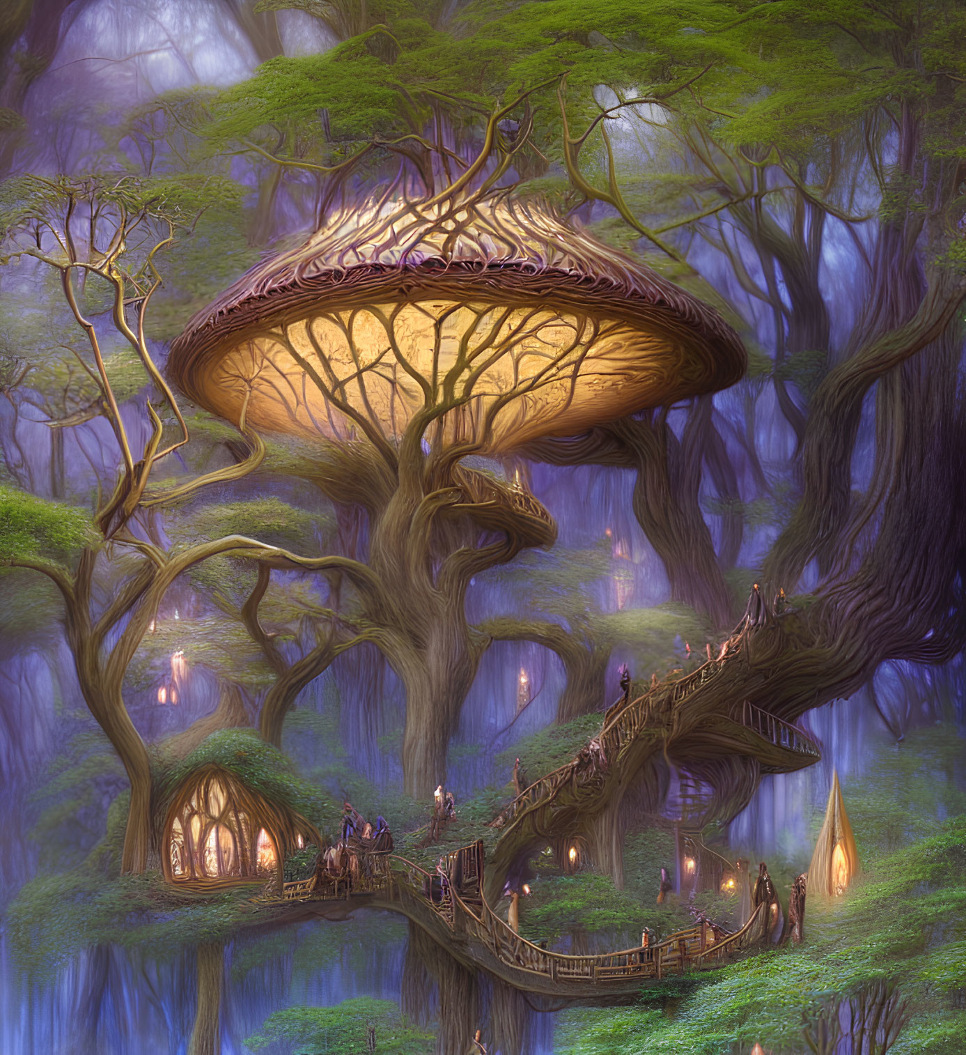 Enchanting forest scene with giant mushroom house and figures among ancient trees