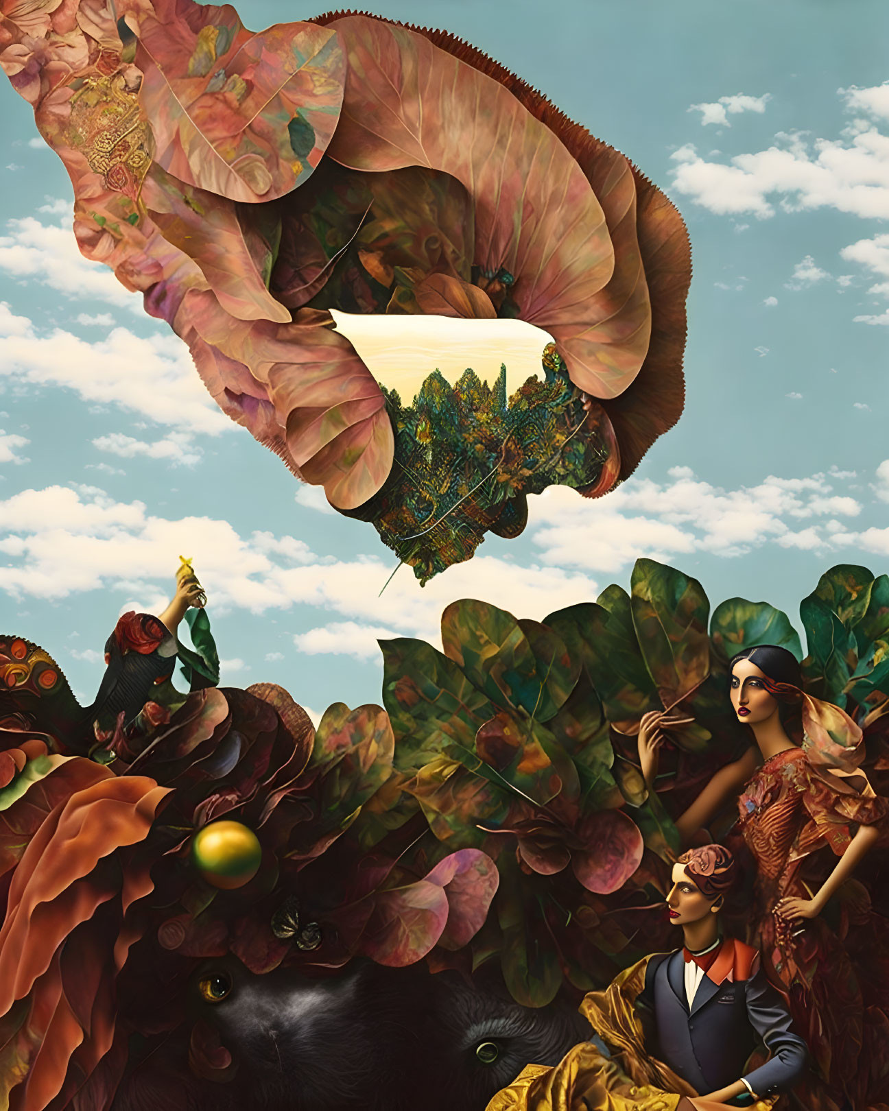 Surrealistic artwork featuring women, foliage, shell structure, and hidden animal under cloudy sky