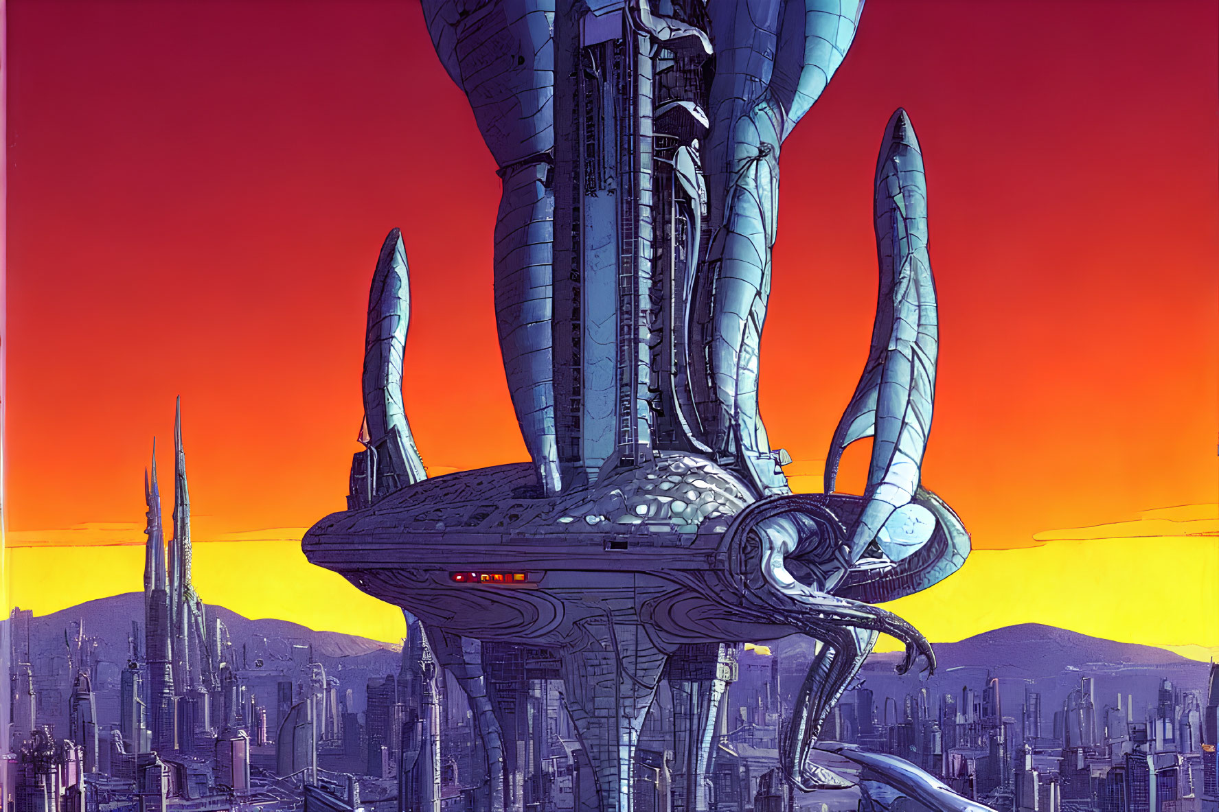 Futuristic cityscape with tentacle-like skyscrapers at sunset
