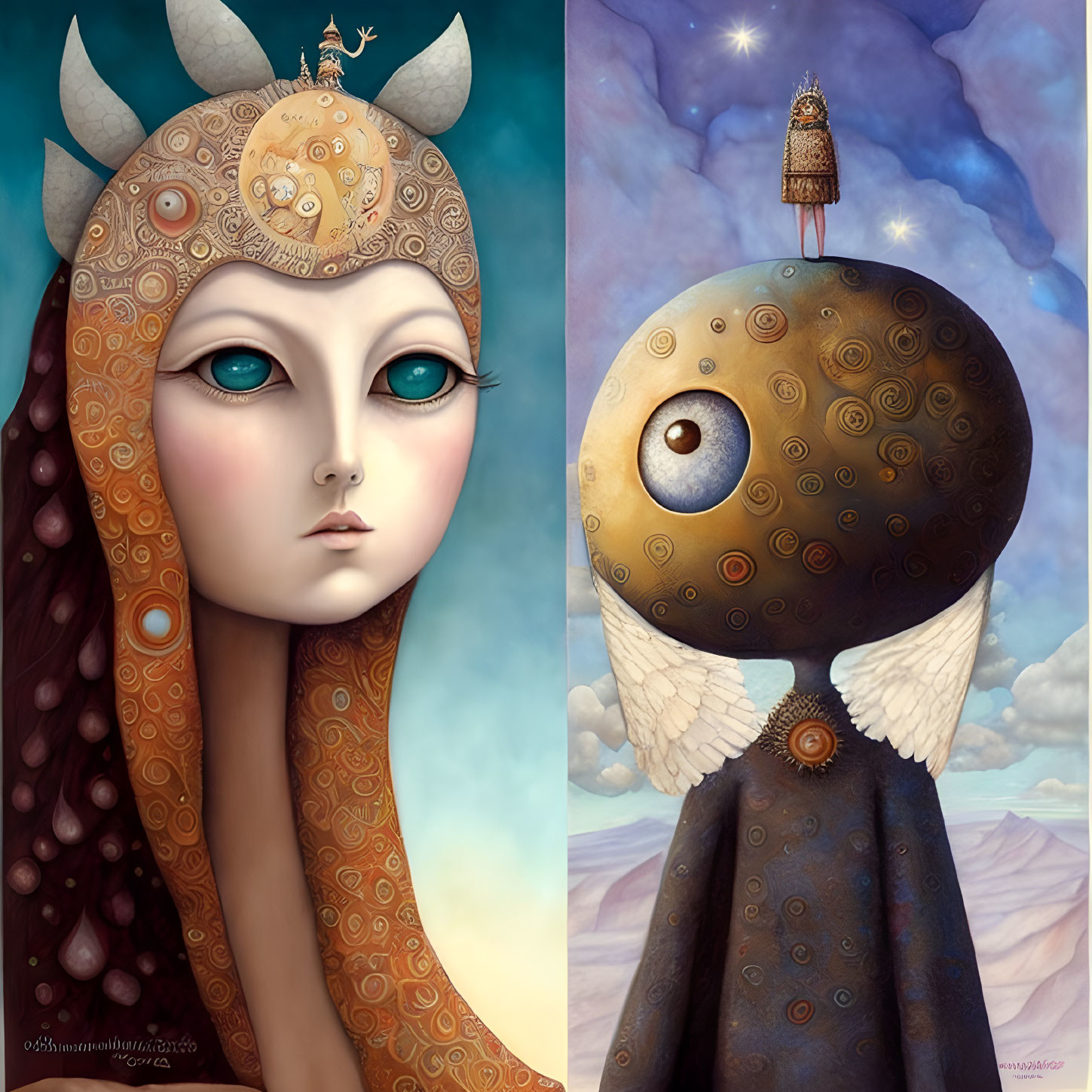 Surreal portraits: Female figure with moon crown & entity with eye head in desert.