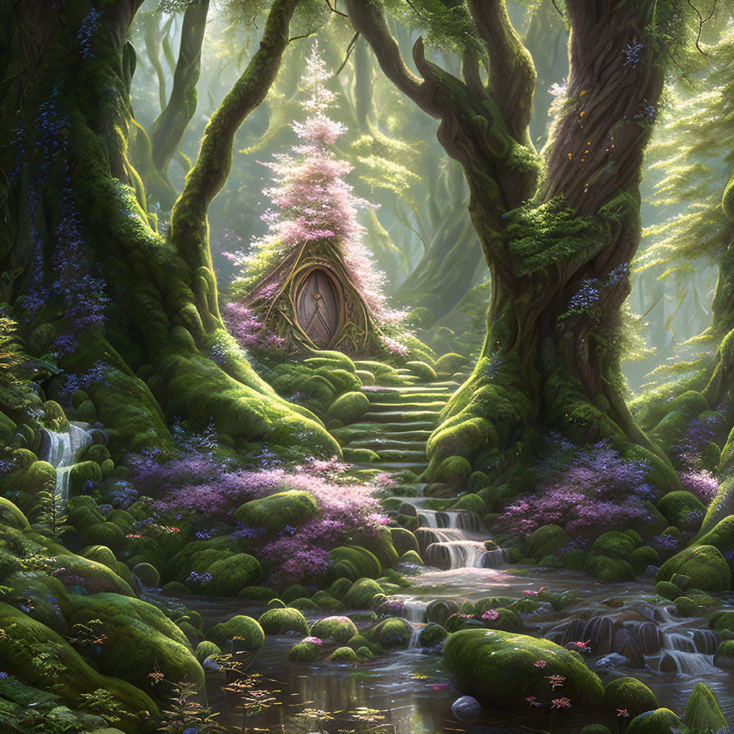 Enchanting forest scene with lush greenery, stream, purple flowers, and whimsical treehouse