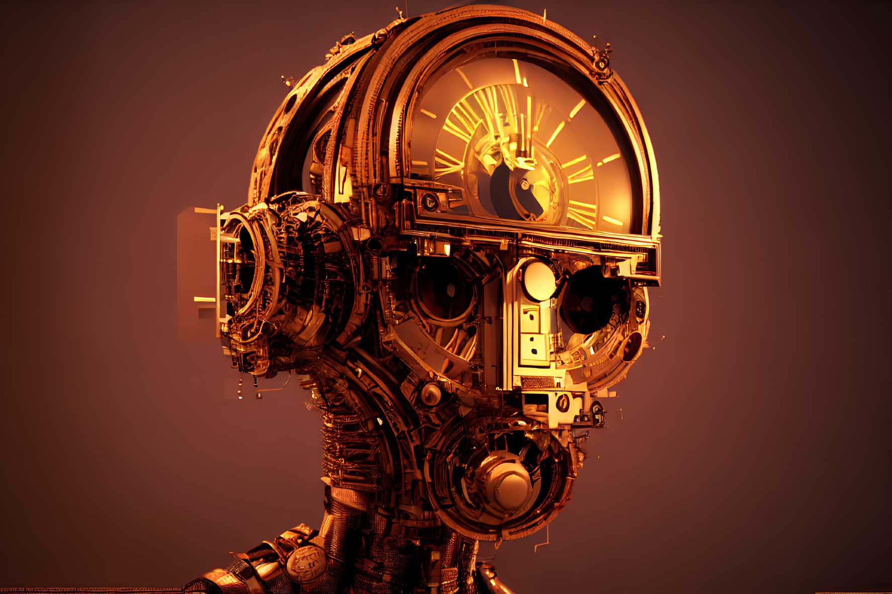 Detailed 3D mechanical head profile with gears and metallic components on dark background