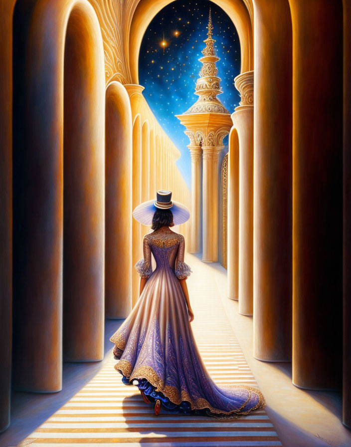 Woman in elegant gown walking in ornate corridor under starlit sky