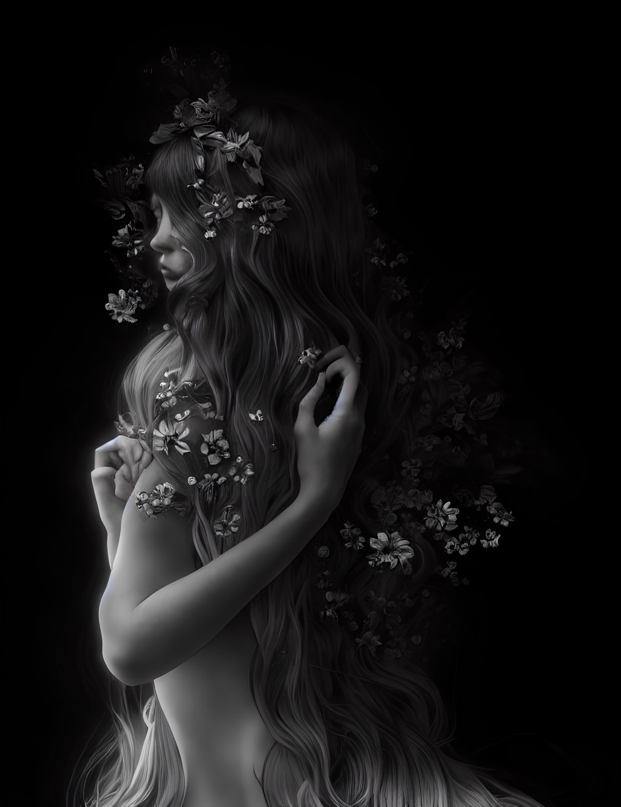 Monochromatic portrait with cascading hair and floral patterns on dark backdrop