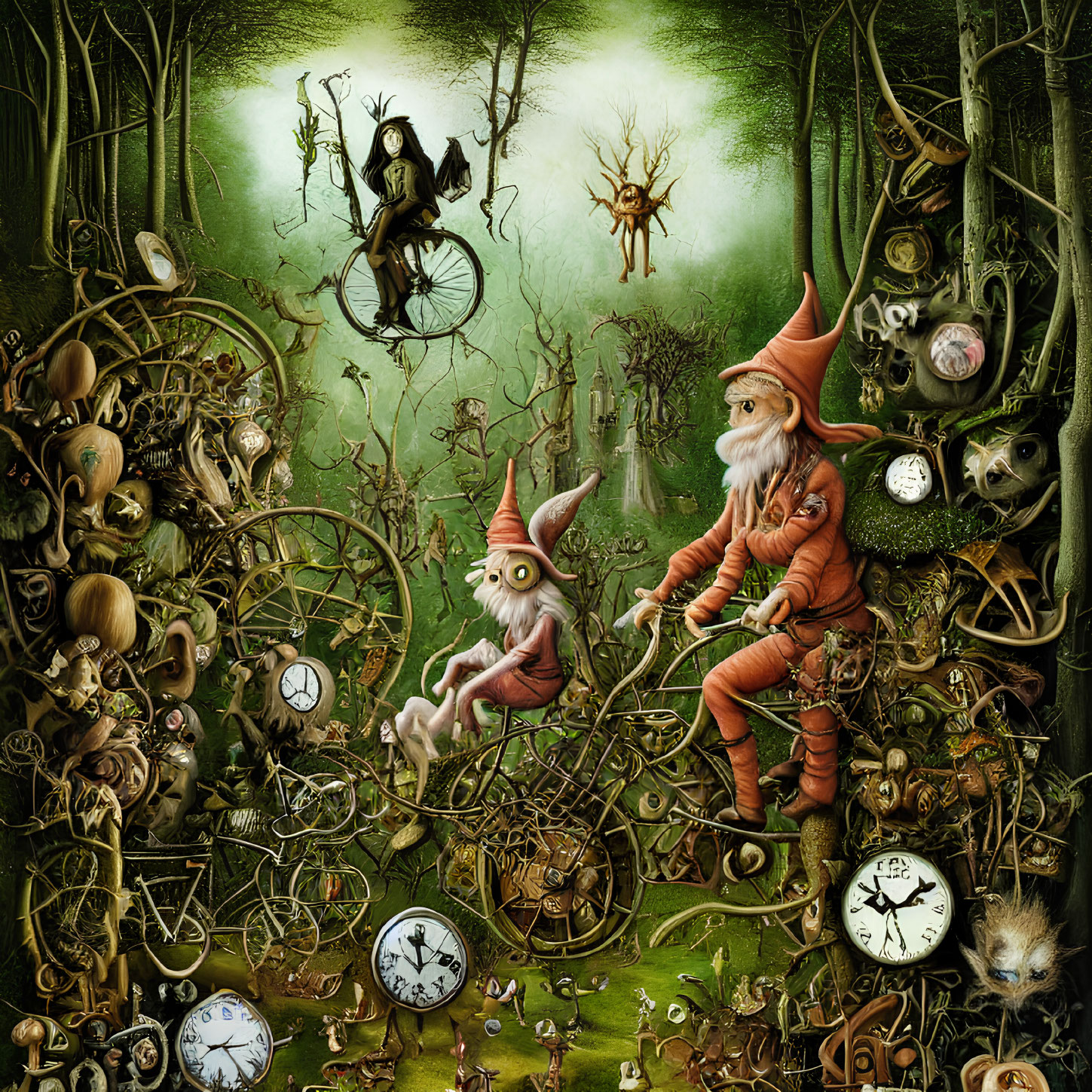 Steampunk forest scene with gnome-like characters and clocks