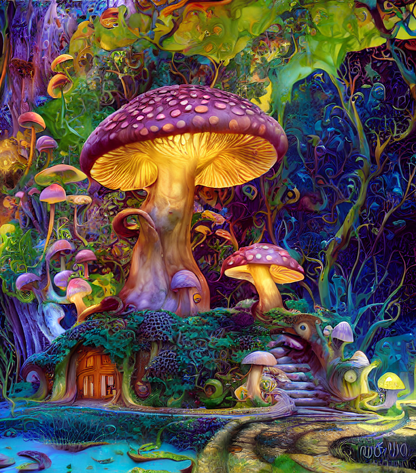 Fantasy illustration of oversized mushrooms in magical forest