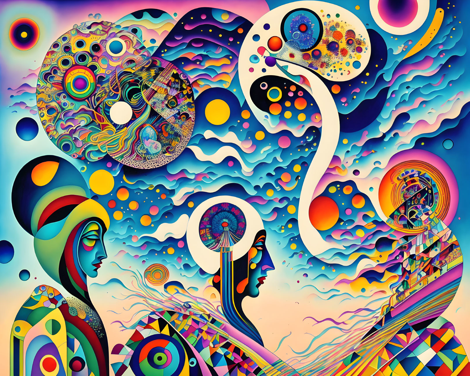 Colorful Psychedelic Artwork with Stylized Human Figures and Abstract Shapes