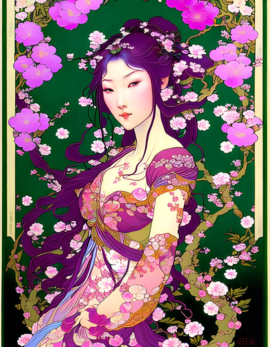 Ethereal woman with purple hair in floral dress among pink flowers