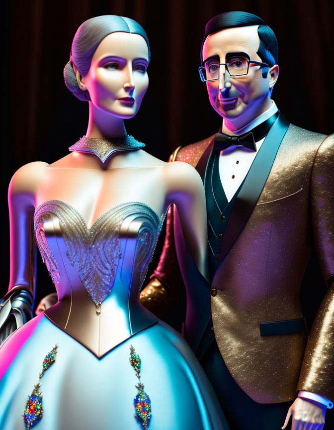 Formal Attire Mannequins in Blue Gown and Glittery Tuxedo