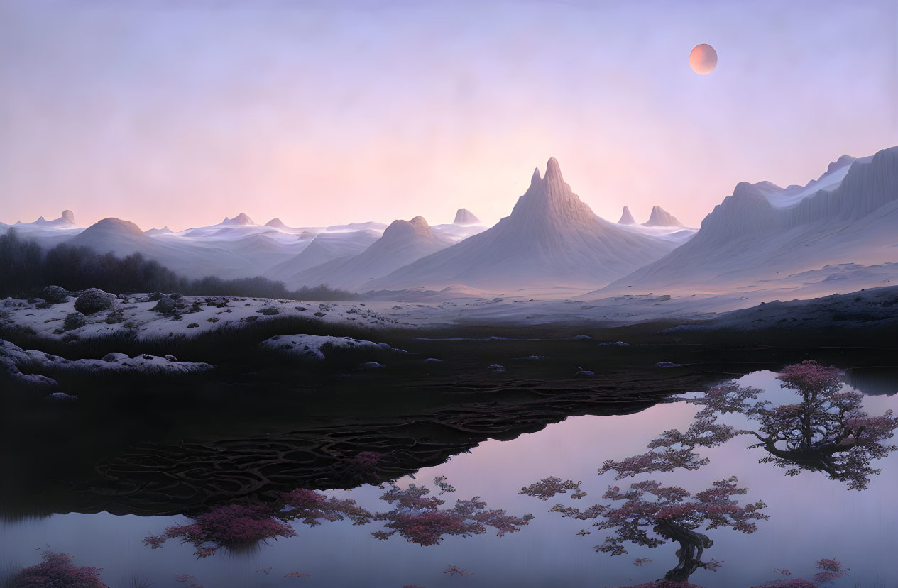 Snow-covered mountains, serene lake, blooming trees, and reddish moon in tranquil dusk landscape