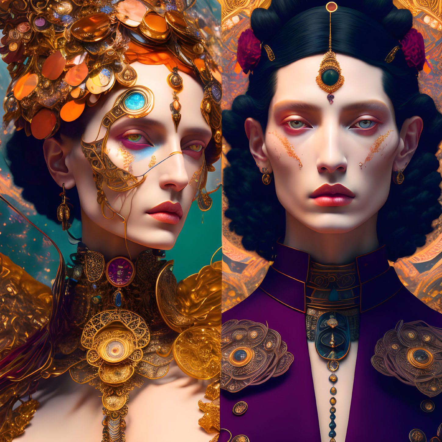 Stylized portraits of women with golden jewelry and makeup on vibrant background