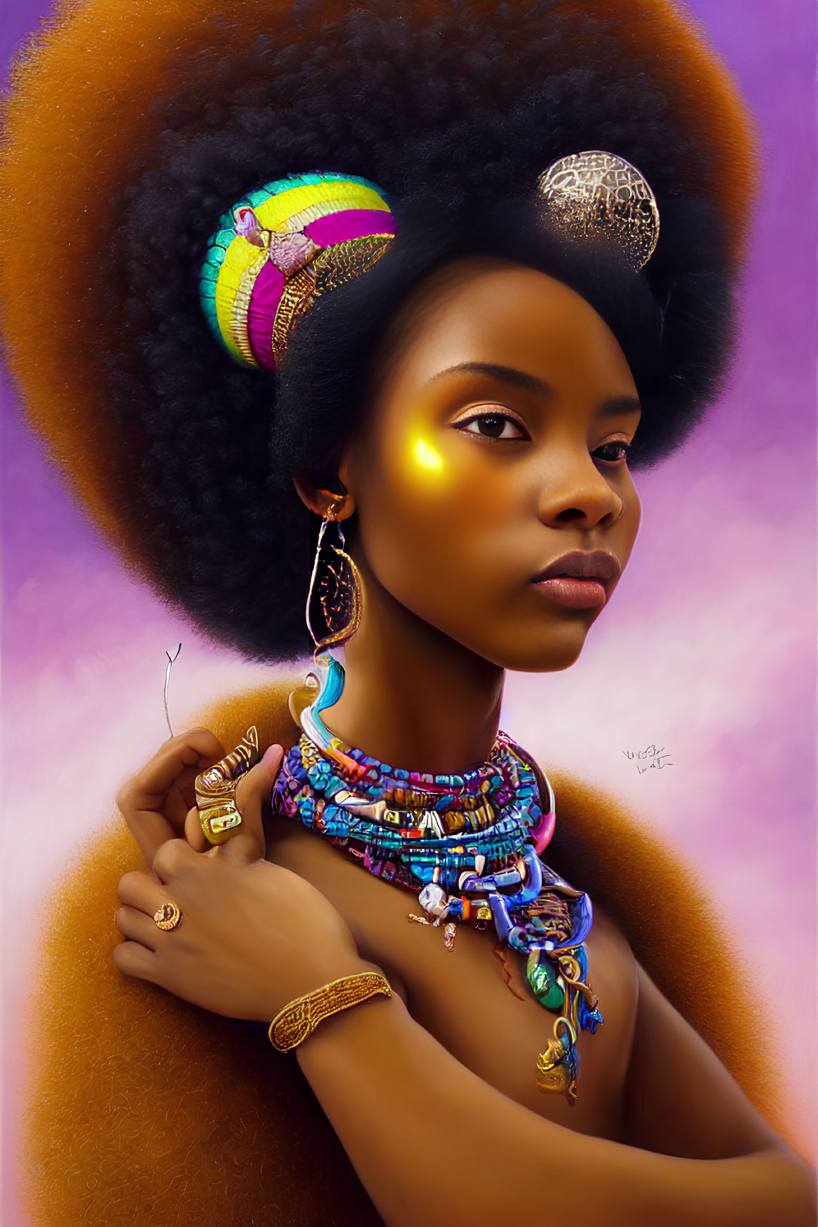 Vibrant Afro Woman Illustration with Gold Accents