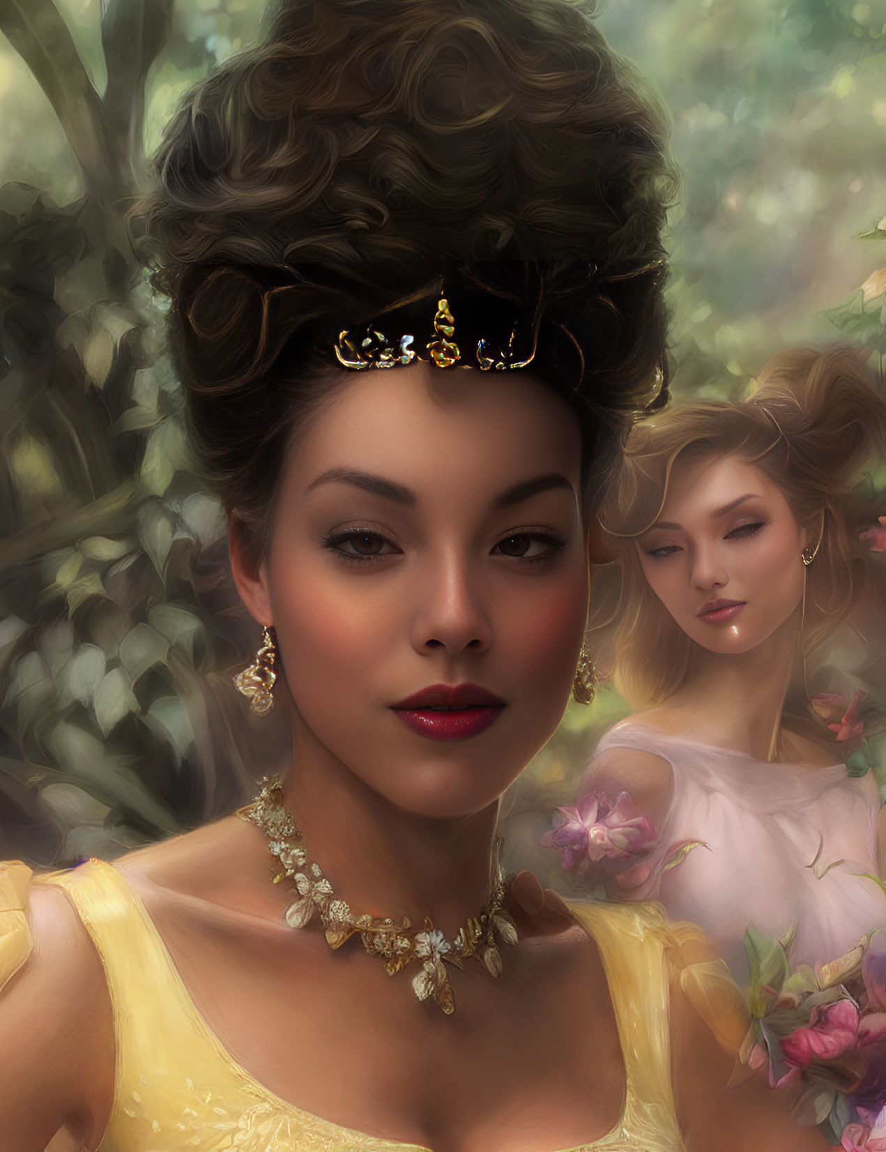 Portrait of two women: one with ornate crown and yellow dress, another blurred amidst flowers.