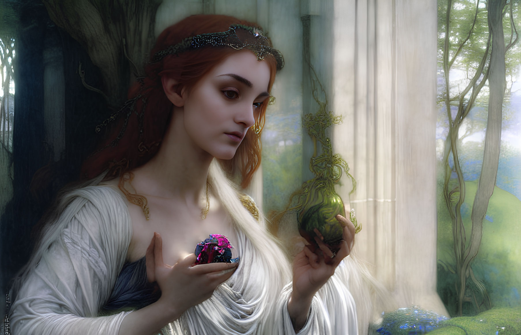 Red-haired elven woman with magical fruit in serene forest setting