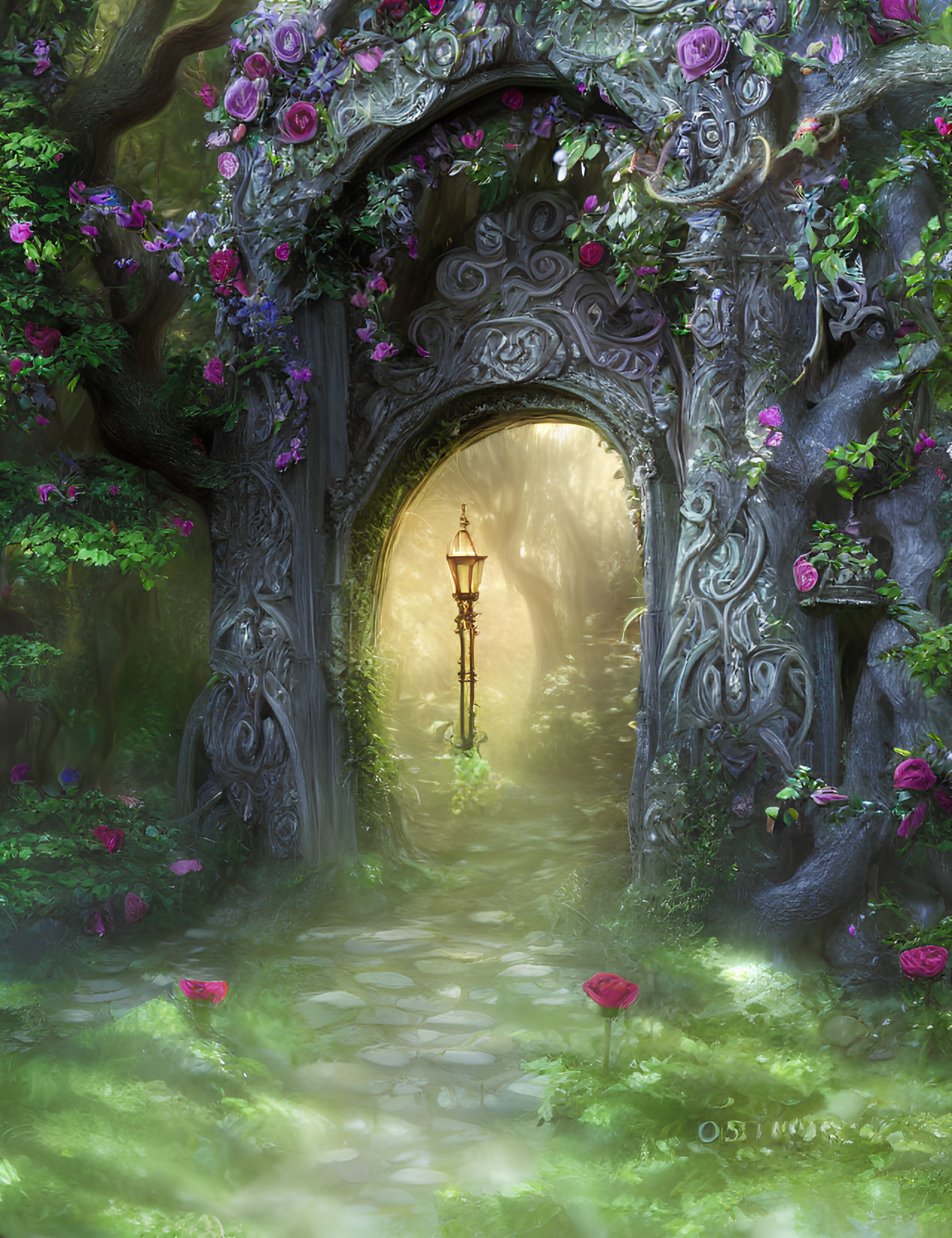 Enchanting forest scene with ornate tree archway and purple flowers
