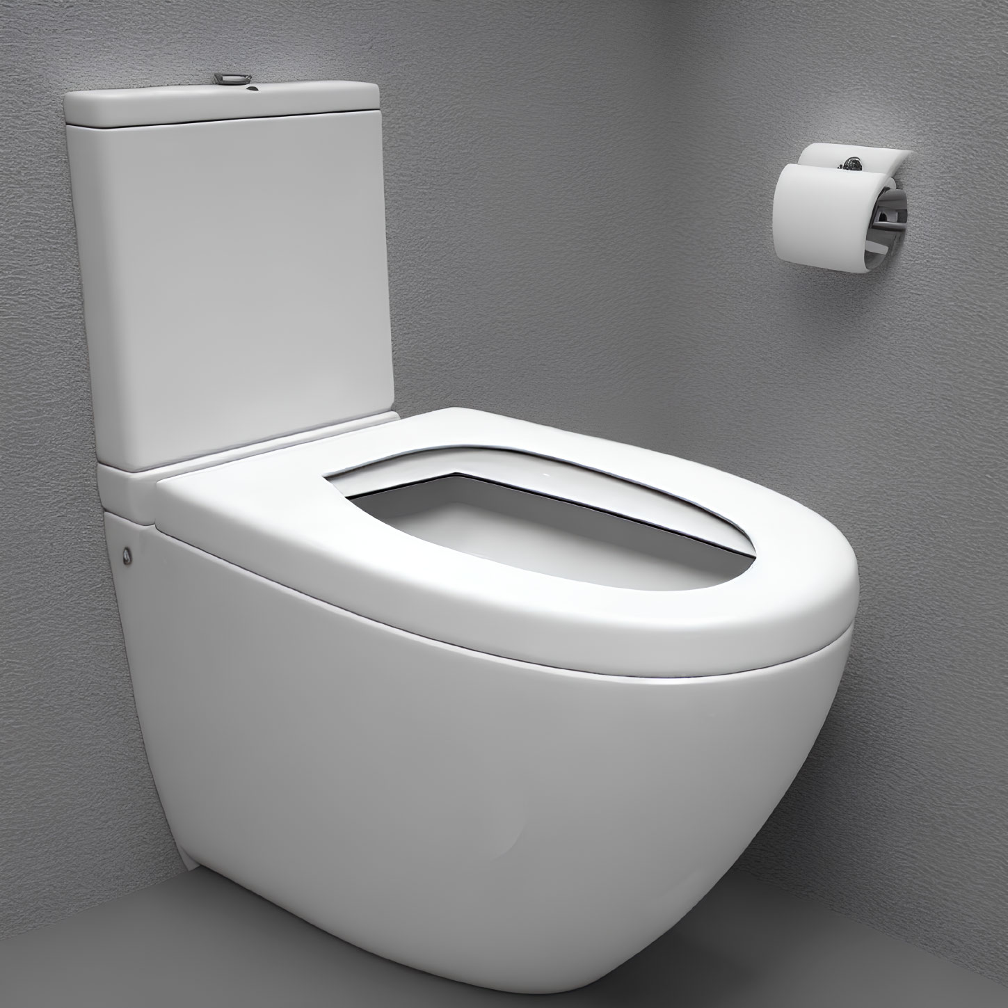 White Ceramic Toilet with Open Lid on Grey Background Next to Toilet Paper Holder