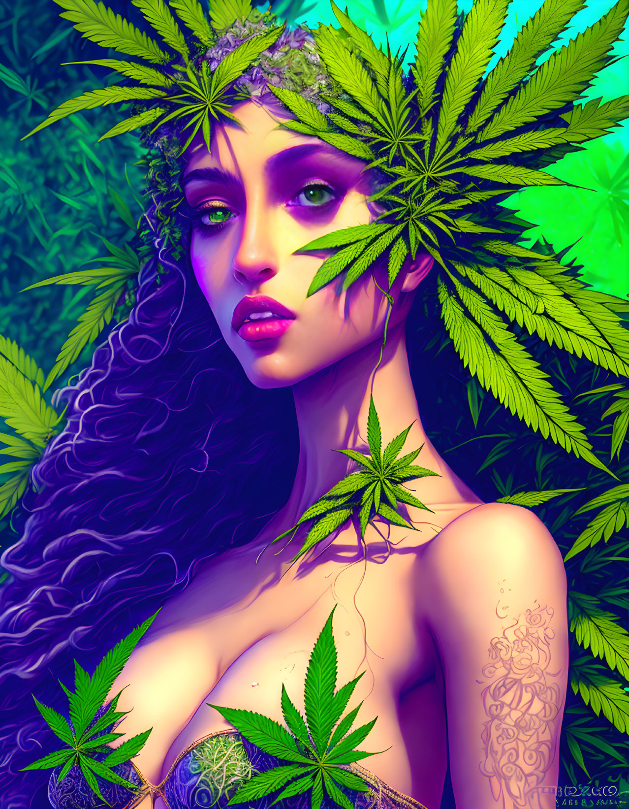 Purple-haired woman with cannabis leaf hair accessories and vibrant tattoos.