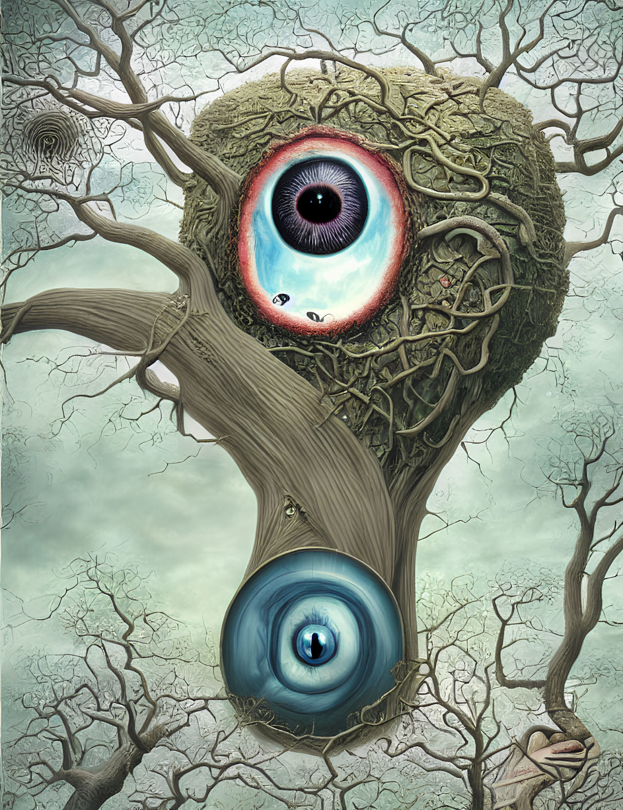 Surreal artwork: Tree branches create intricate patterns around vivid red and blue eyes on somber backdrop