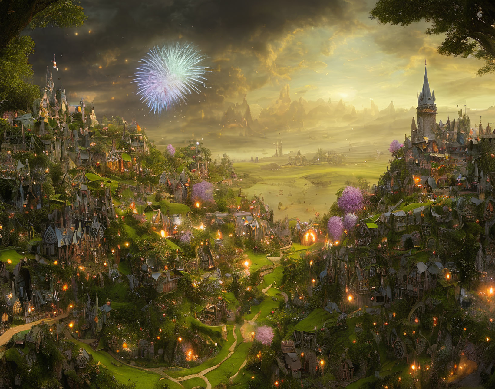 Fantasy landscape with castle, houses, fireworks, and lush trees at dusk