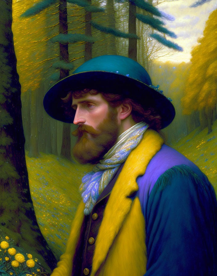 Bearded Man in Green Hat and Blue Coat Portrait in Autumn Forest
