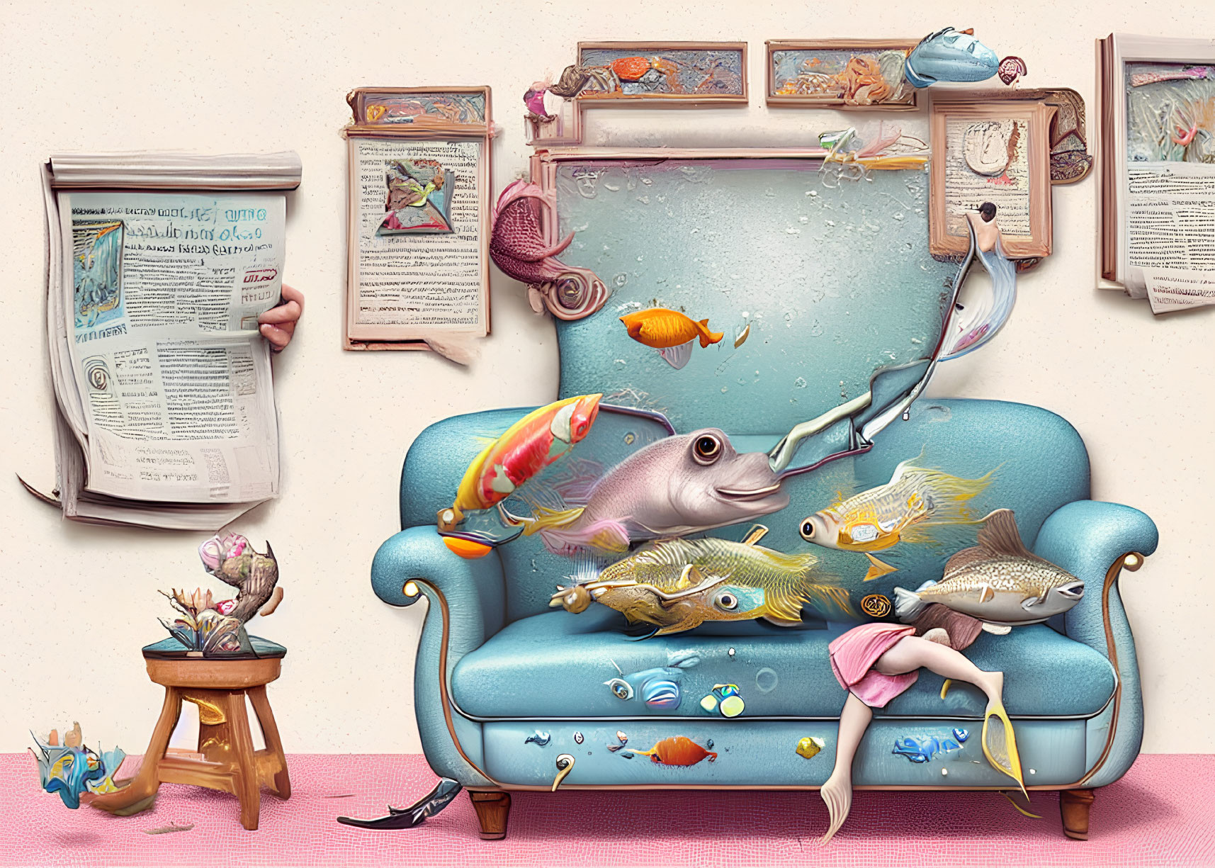 Surreal room with fish, floating teapot, and blue couch