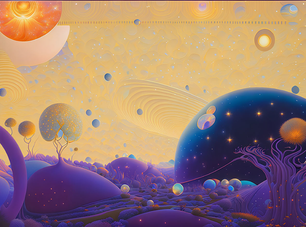 Colorful fantasy landscape with whimsical trees, bubbles, and distant planets under star-filled sky.