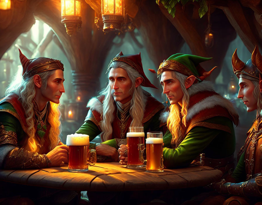 Four fantasy elves in medieval attire chatting at tavern table with ale mugs