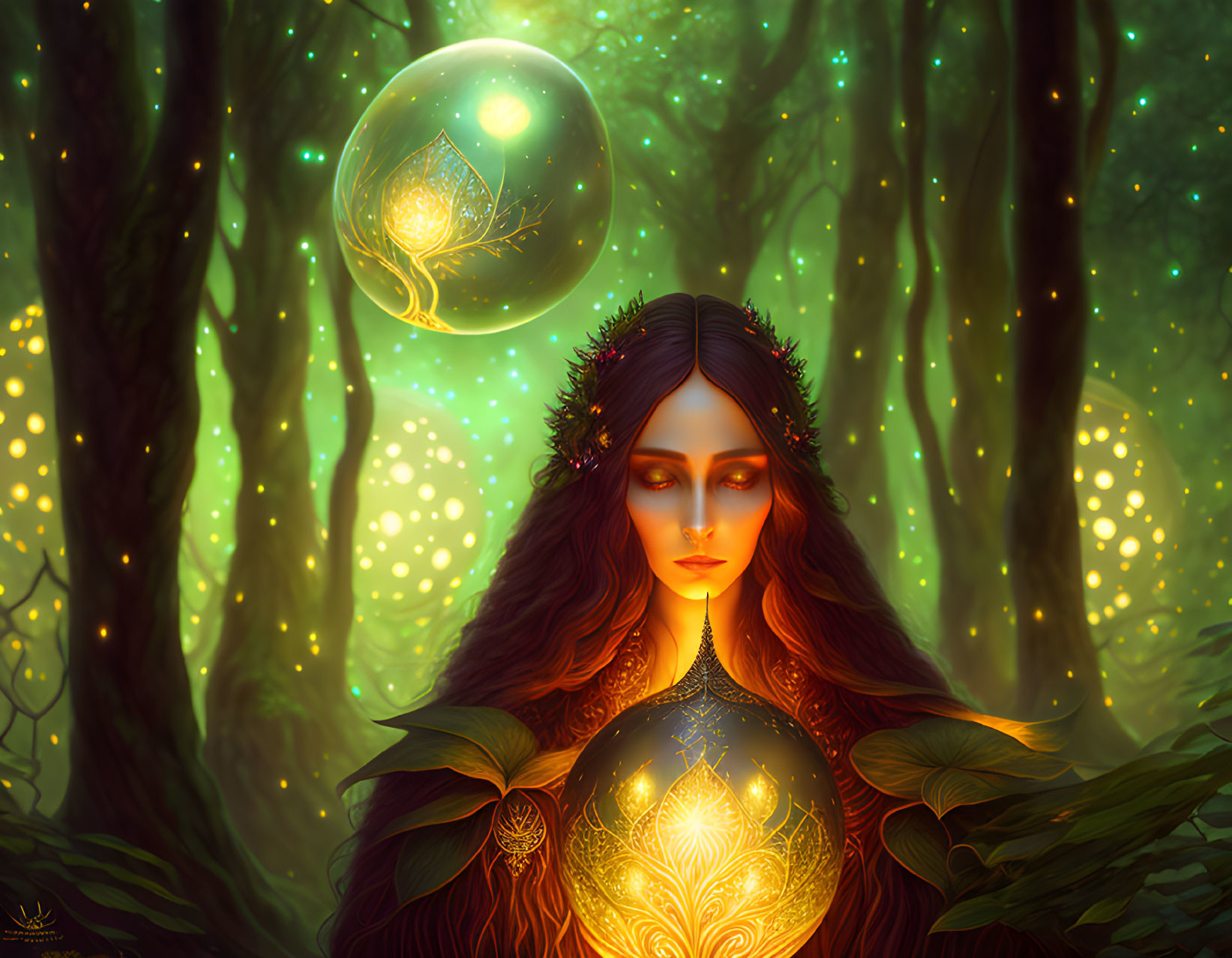 Mystical female figure with glowing orbs in enchanted forest